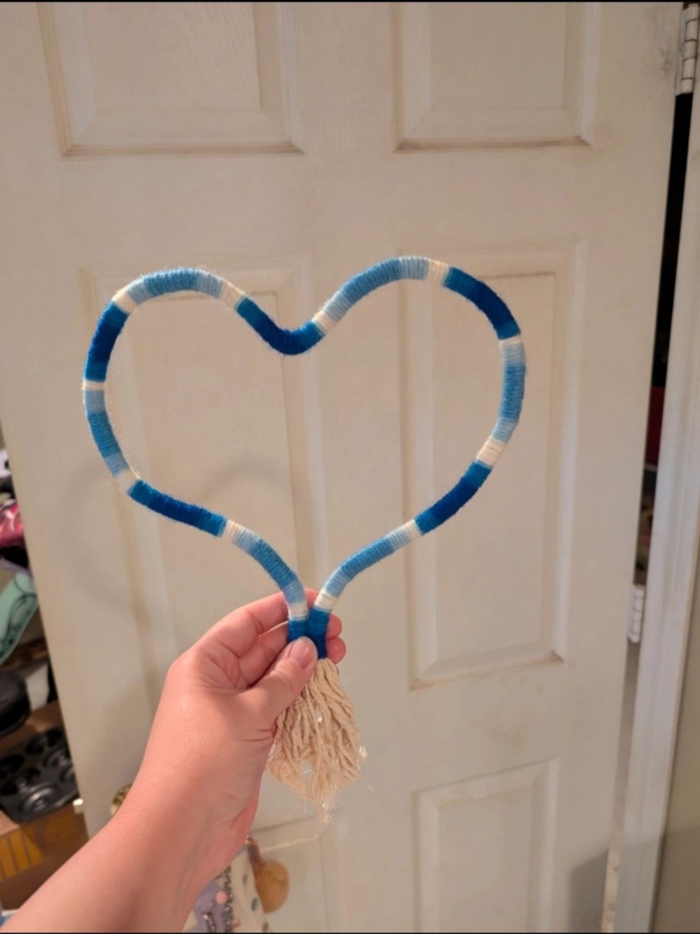 Blue & White Heart-Shaped Yarn Wall Hanging